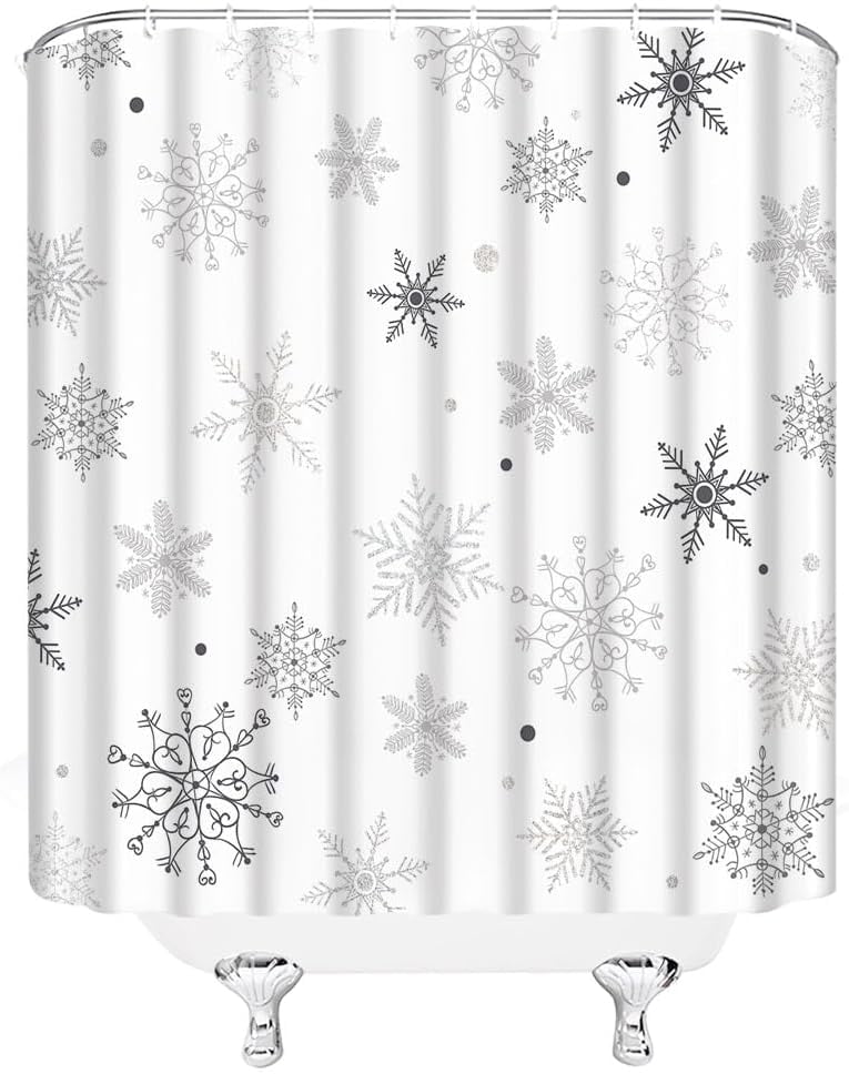 Christmas Snowflake Shower Curtain Winter Snowy Gray Merry Christmas Holidy Fabric Bathroom Curtain Set with Hooks(70" Wx84 H)