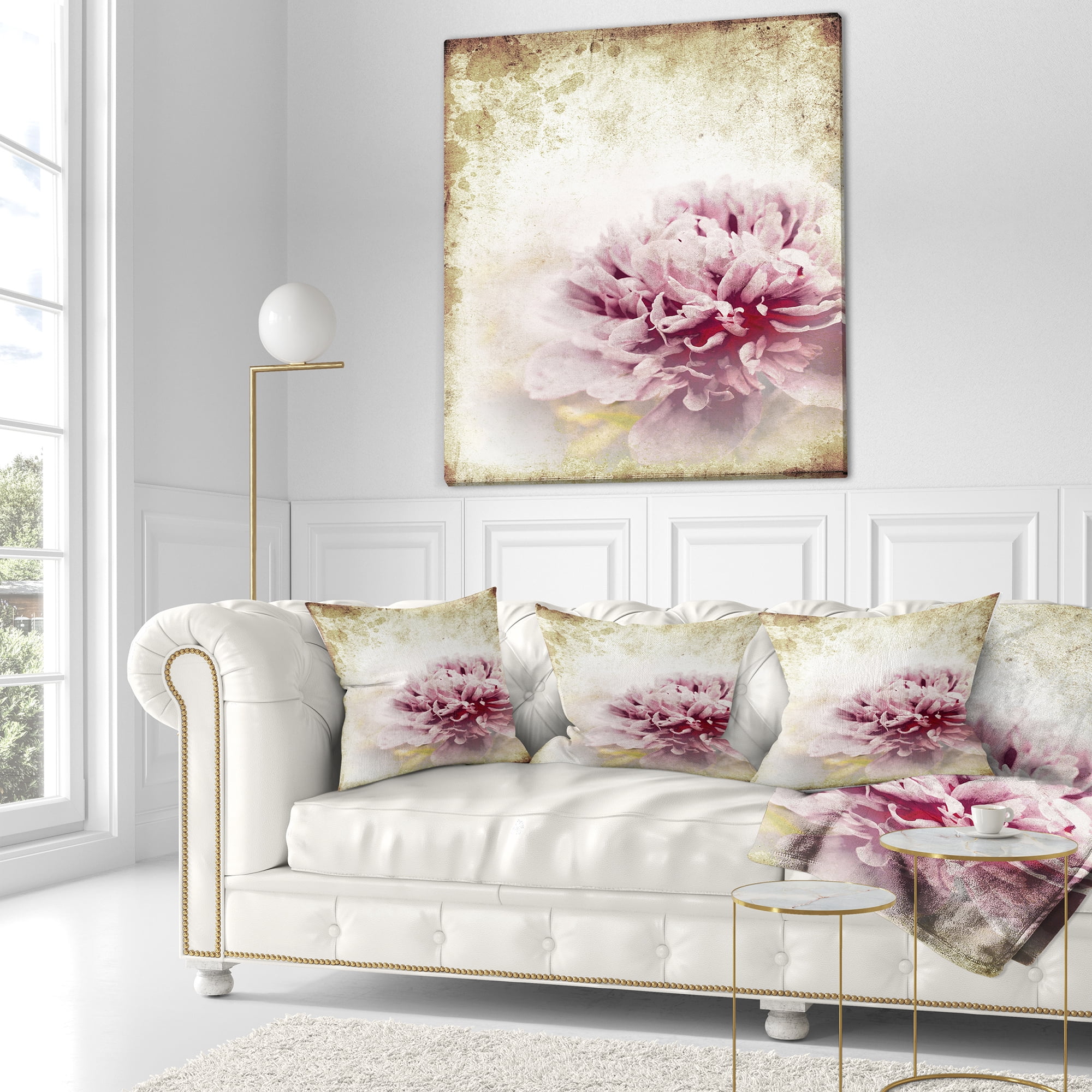 Designart Pink Peony in Vintage Style - Floral Throw Pillow - 18x18