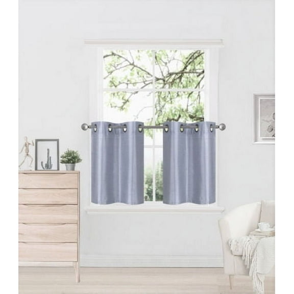 N29 Silver 2-Piece Solid Faux Silk Short  Window Curtain Set, Two (2) Grommets Panels 30" Wide x 24" Length Each