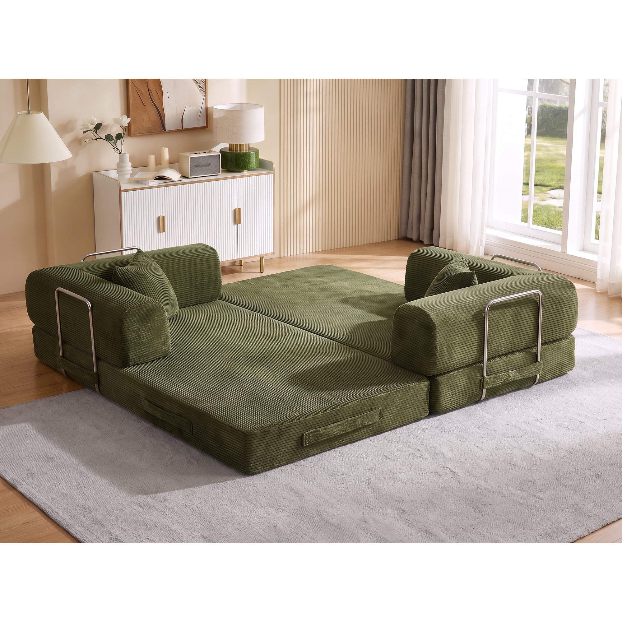 HOQBN Convertible Sofa Bed, Corduroy Fold Out Futon Sleeper Mattress with Pillows, Boneless Folding Floor Couch for Living Room Bedroom Green