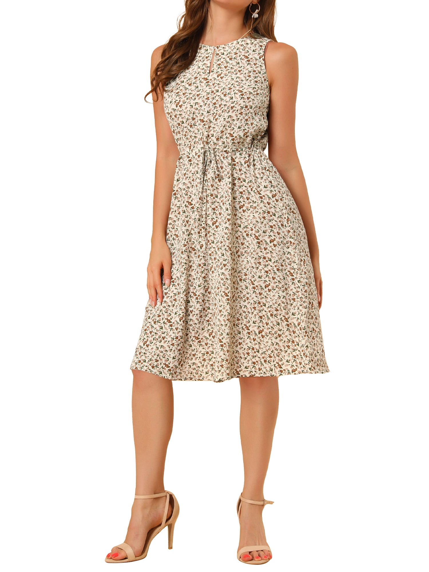 DARING DIVA Floral Sleeveless Drawstring Waist A-Line Dress XS White