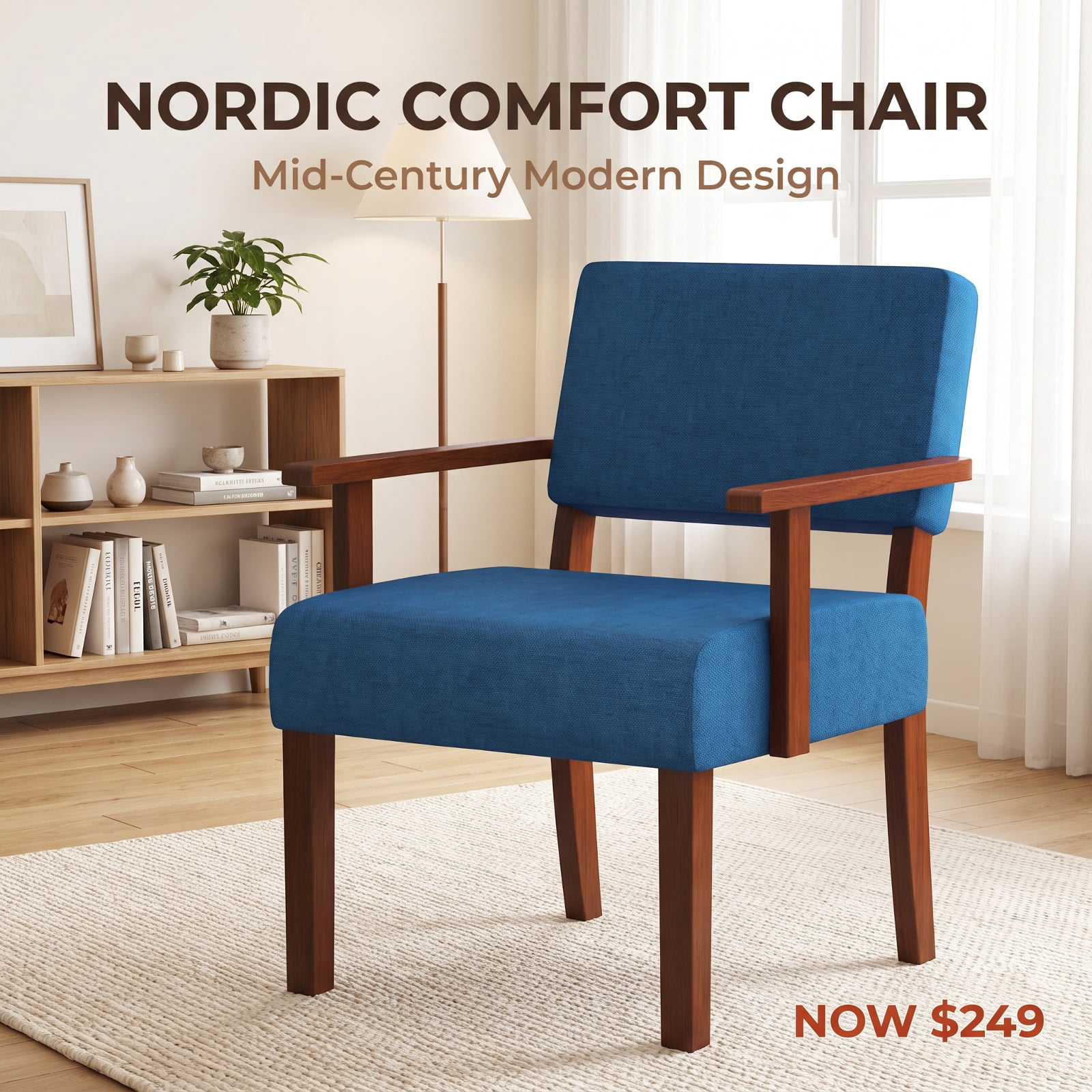 Furnibear Linen Accent Chair with Soft Padded Seat Ergonomic Backrest and Solid Rubber Wood Frame for Living Room and Bedroom, Blue