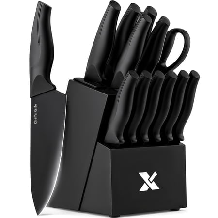 Xanapon 13-Piece Knife Set for Kitchen, Built-in Sharpener Block, German Stainless Steel, Dishwasher Safe, Black