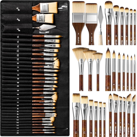 30pcs Paint Brush Set, Professional Paintbrushes with Paint Spatula and Cloth Roll, Craft Paint Brushes for Acrylic Painting, Oil, Watercolor, Gouache, Art Supplies for Artists and Beginners