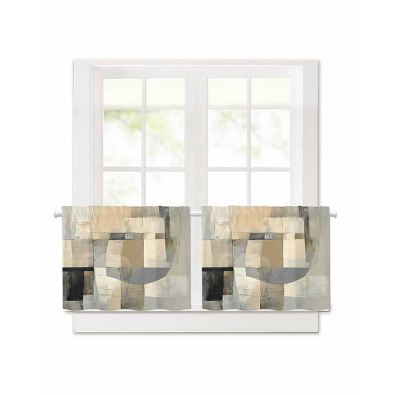 Abstract Art Short Blackout Curtains 24 Inch Long Beige Brown Blocks Watercolor Modern Art Rod Pocket Kitchen Curtains, 2 Panels Thermal Insulated Room Darkening Drapes for Bedroom, 30"W x 24"L