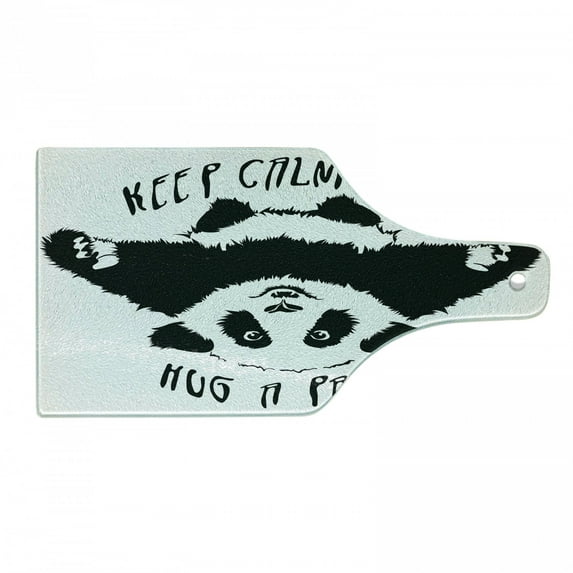 Black and White Cutting Board, Funny Animal Mascot Keep Calm and Hug a Panda Words Art, Decorative Tempered Glass Cutting and Serving Board, Wine Bottle Shape, Black White, by Ambesonne