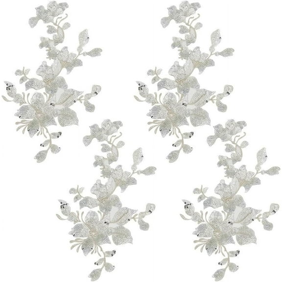 4Pcs Embroidery Sequin Lace Appliques Silver Leaf Flowers Patches Polyester Decorative Floral Appliques Dress Gown Sewing Decorations for Fabric DIY Crafting 29.5x16x0.1cm