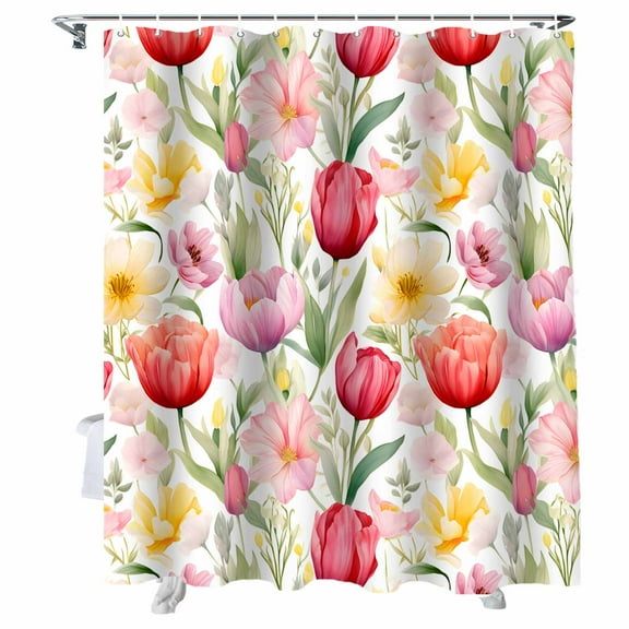 Shower Curtains Watercolor Flowers Bath Curtain Pink Red Waterproof Bathroom Shower Curtain Set with Hooks Decoration 72 x 72 Inches