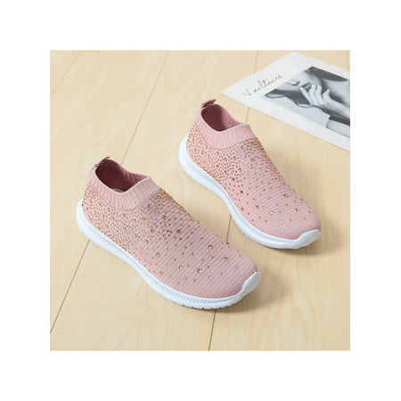 

Daeful Women Sneakers Knit Upper Flats Rhinestone Casual Shoes Travel Fashion Mesh Slip On Sock Sneaker Pink 4.5