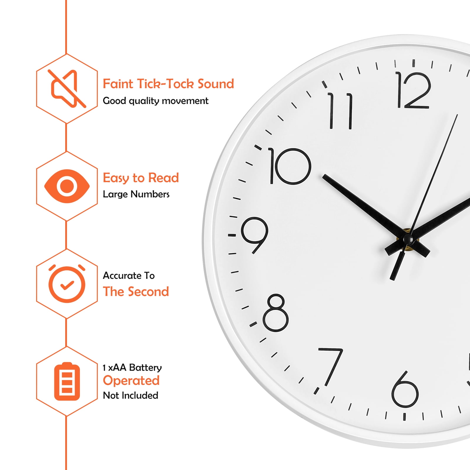 Wall clock Plastic Silent Suitable for decoration 10in White