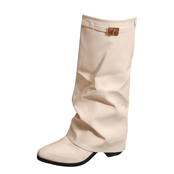 Elegant Western Slim Tip Slouchy Boot With Pleated Shaft And Heel for All Season Women's Mid-Calf Footwear