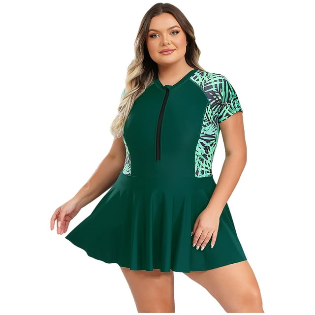 LiiYii Maillot de Bain une Pièce pour Femmes Grande Taille, Maillot de Bain Modeste, Robe de Bain, Maillot Rembourré à Fermeture Éclair, Vert 3TG