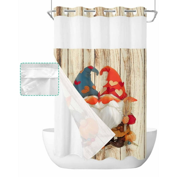No Hook Shower Curtain with Snap in Liner, Funny Gnomes Wood Texture Harvest Pattern Hotel Shower Curtains for Bathroom, Washable Shower Curtain Liner Set with Mesh Top Window, 36"x72"