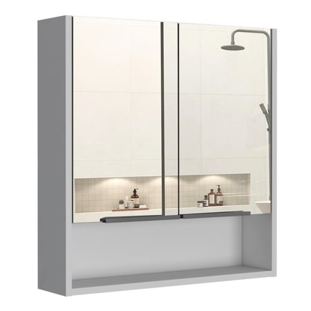 TUHOME White Jaspe Medicine Cabinet with Mirror, 23.6 Double Door Bathroom Cabinet, 3 Shelves   Open Shelf