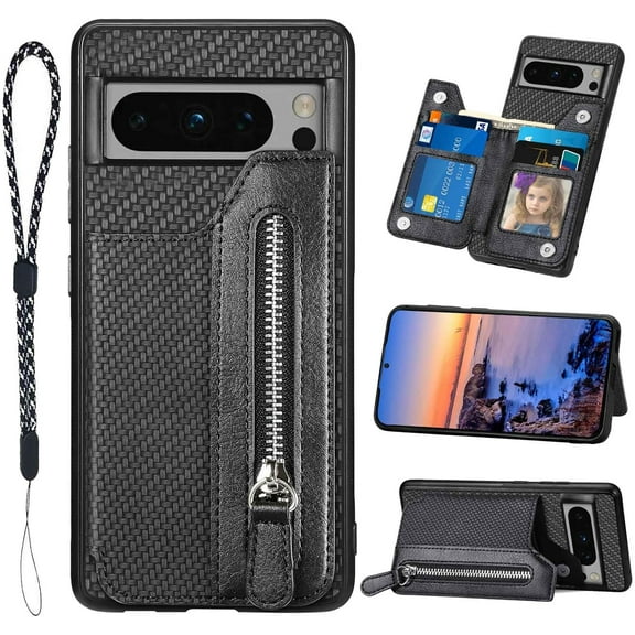 for Pixel 8 Pro Case Card Holder,Wallet Zipper,Camera Protector,Double Magnetic Clasp,Leather Kickstand Card Slots Protective Flip Cases Cover for Google Pixel 8 Pro (2023) (Black)