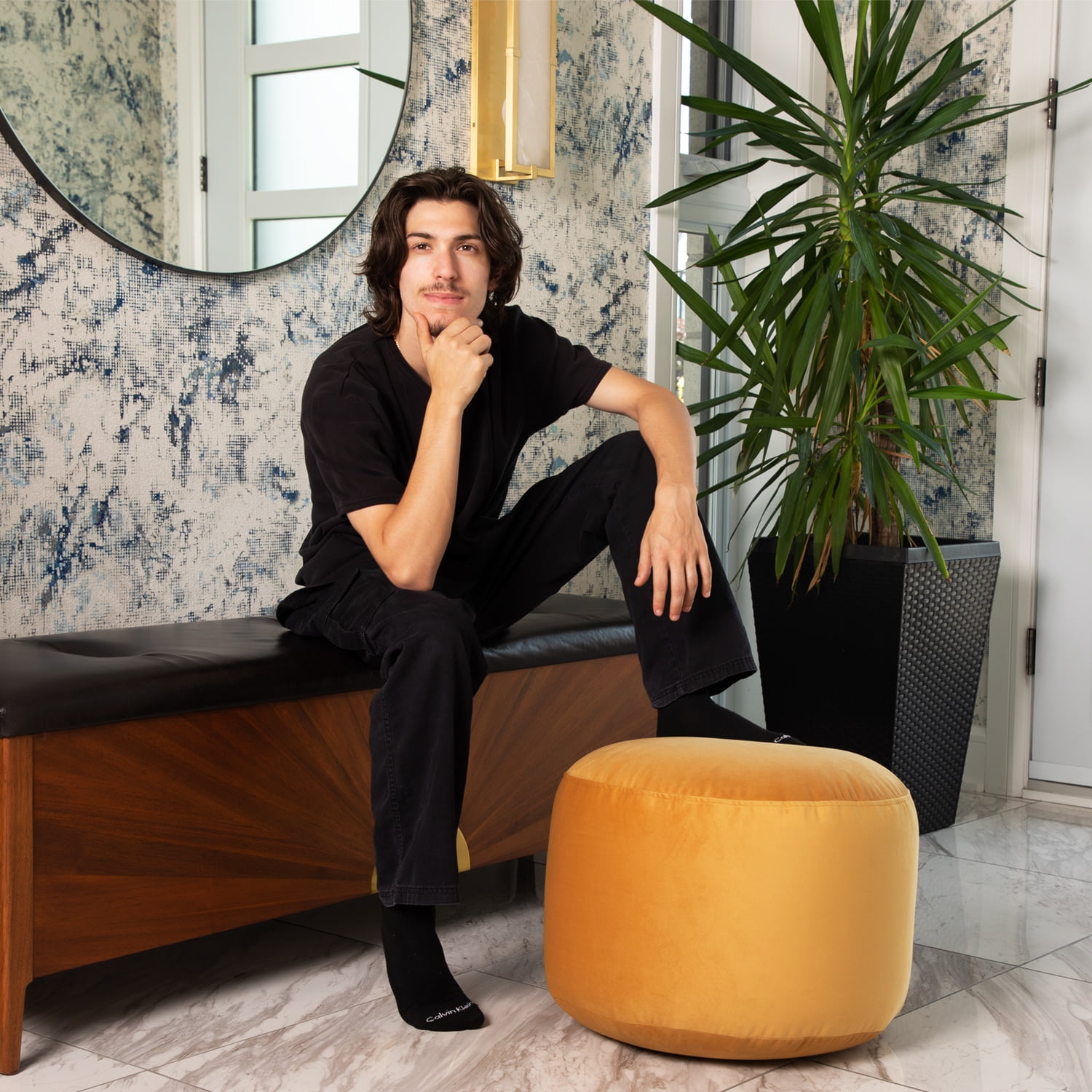 Belgique Mustard Velvet Pouf Ottoman – Floor Cushion, Soft Polystyrene Bean Bag Footstool, Durable & Lightweight Accent for Living Room or Office