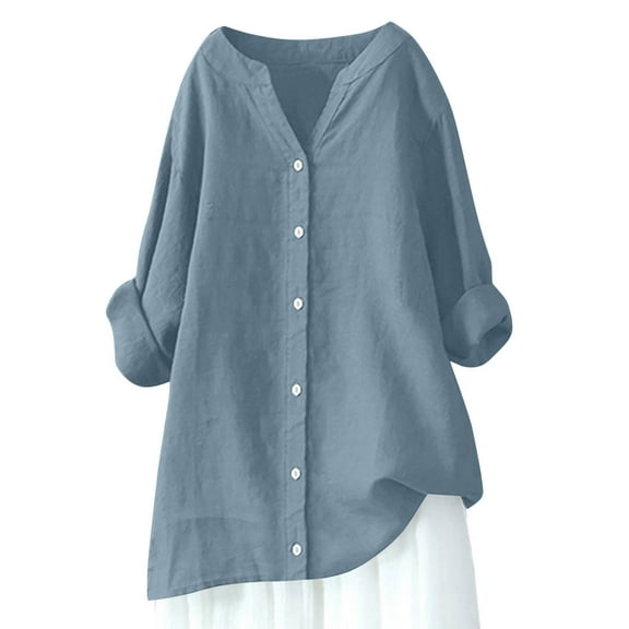 Ecqkame Womens Linen Cotton Shirts 3/4 Sleeve V Neck Tunic Shirt Tops Casual Loose Button vacation Blouse Light Blue M