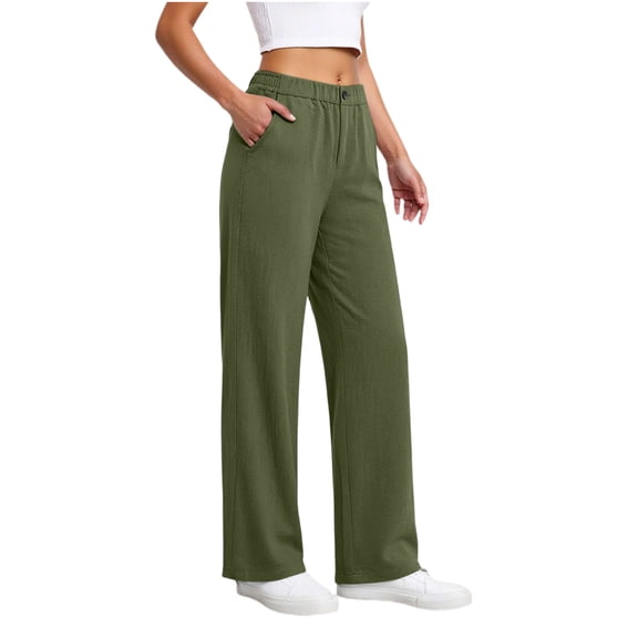 ClodeEU Women's High Waist Linen Blend Wide Leg Pants,Casual Elastic Waist Trousers with Pockets Army Green,Women's Plus L