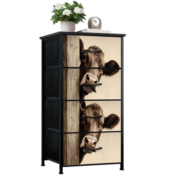 Farmhouse Dresser for Bedroom with 4 Storage Drawers Two Curious Cows Peeking from Behind Wooden Fence Sepia Tones Dressers Chest of Drawers Steel Framed Fabric Closet Organizers for Entryway
