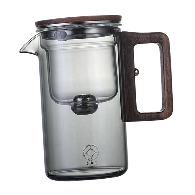 veasfak Glass Tea Pot Tea Infuser Tea and Water Separation Cup Outdoor Wooden Handle 530ml Grey
