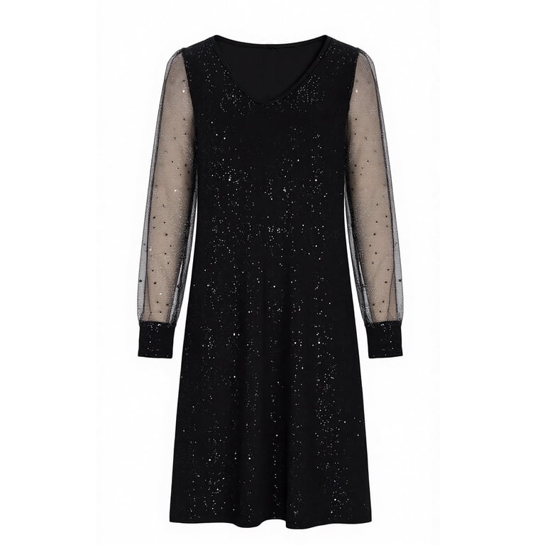 Bltiby Sequin Dresses for Women Mesh Panel Casual V Neck Long Sleeve Dress Solid Sparkle Fashion Loose Fit Holiday Party Summer Clothes Black XXL,