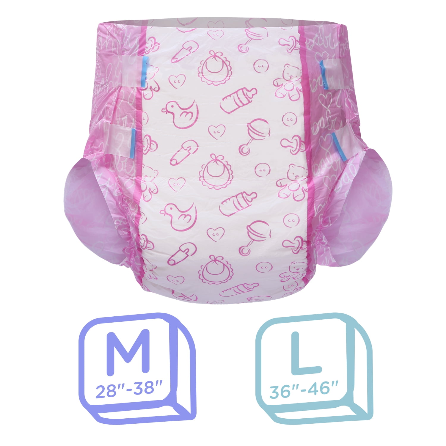 Littleforbig Adult Printed Diaper 10 Pieces - Nursery Pink (Medium 28"-38") Medium (Pack of 10) Pink
