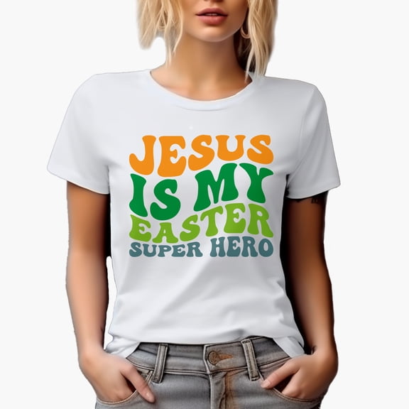 Jesus Is My Easter Super Hero, Groovy Retro Wavy Text Merch Gift, White T-Shirt, Small