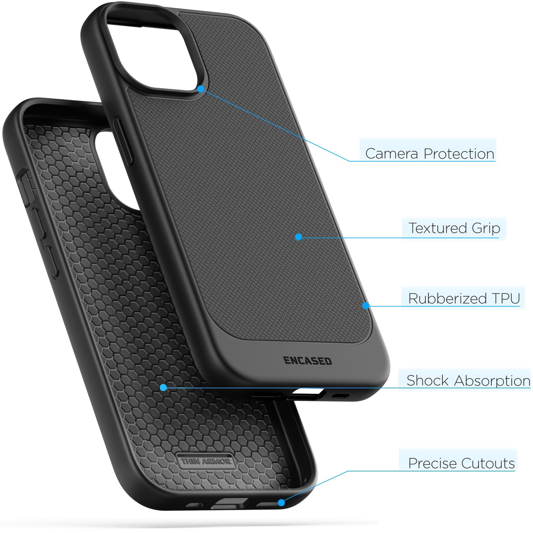 Encased Thin Armor Designed for iPhone 15 Belt Clip Case, Slim Fit Phone Case with Holster (Black)