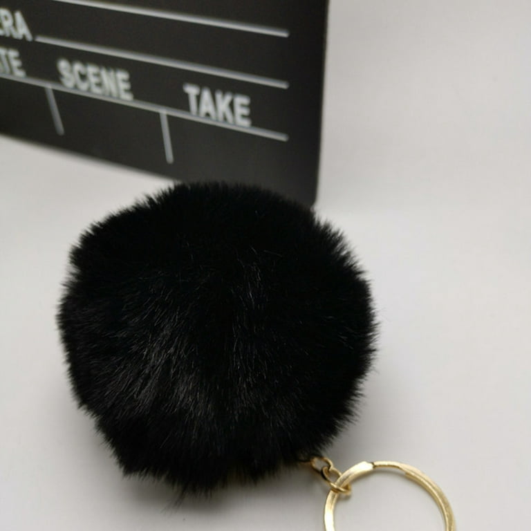 Fashion Fluffy Black Pompom Artificial Rabbit Fur Ball Keychain Crysta