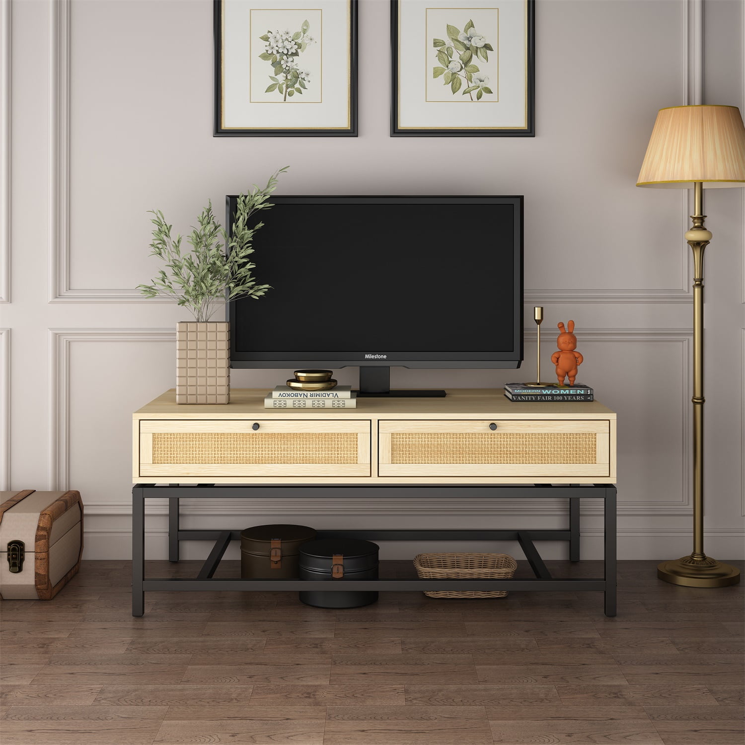 Modern Coffee Table, 45 inch Console Table with 2 Rattan Drawers for Living Room Modern Coffee Table, 45 inch Console Table with 2 Rattan Drawers for Living Room