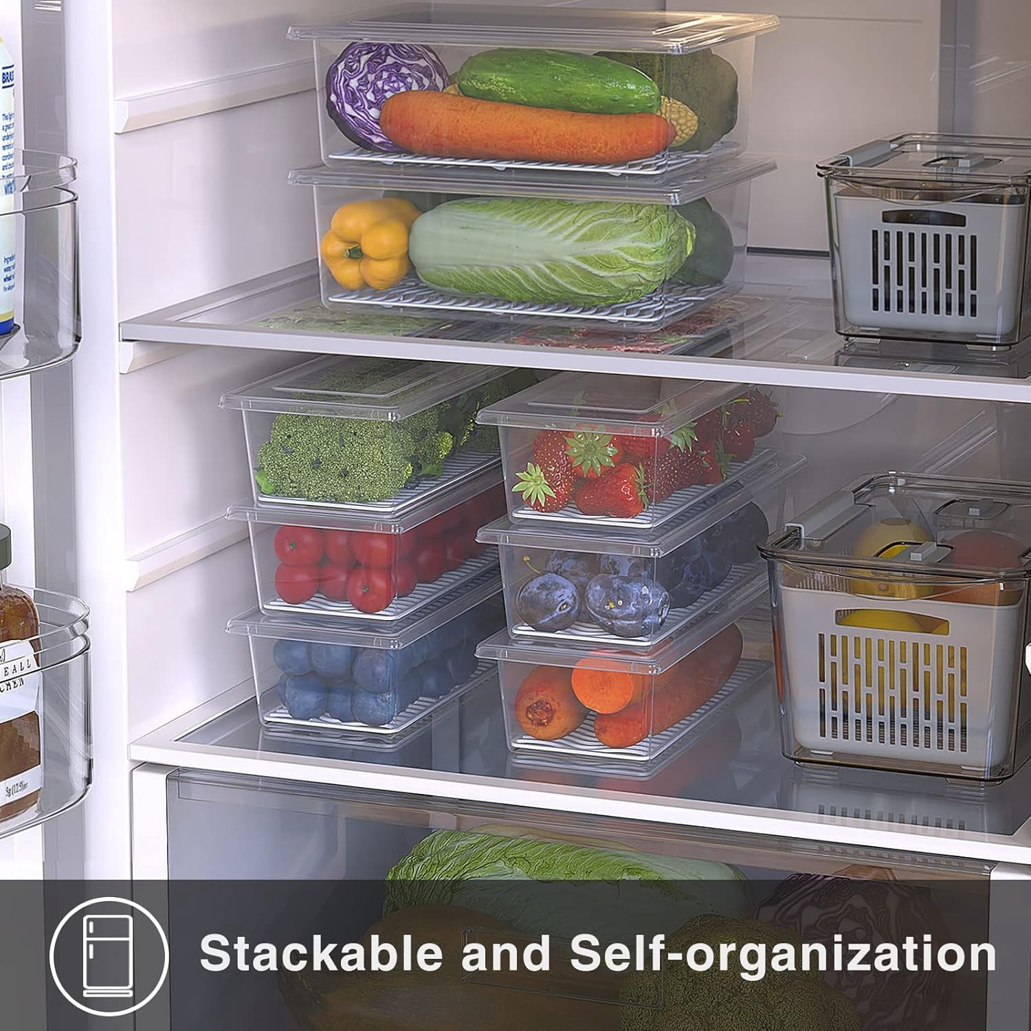 Fruit Storage Containers for Fridge (3 Pack) - 1.5L Produce Saver Containers for Refrigerator with Removable Drain Tray Keep Fresh for Produce, Bacon, Fruits and Vegetables