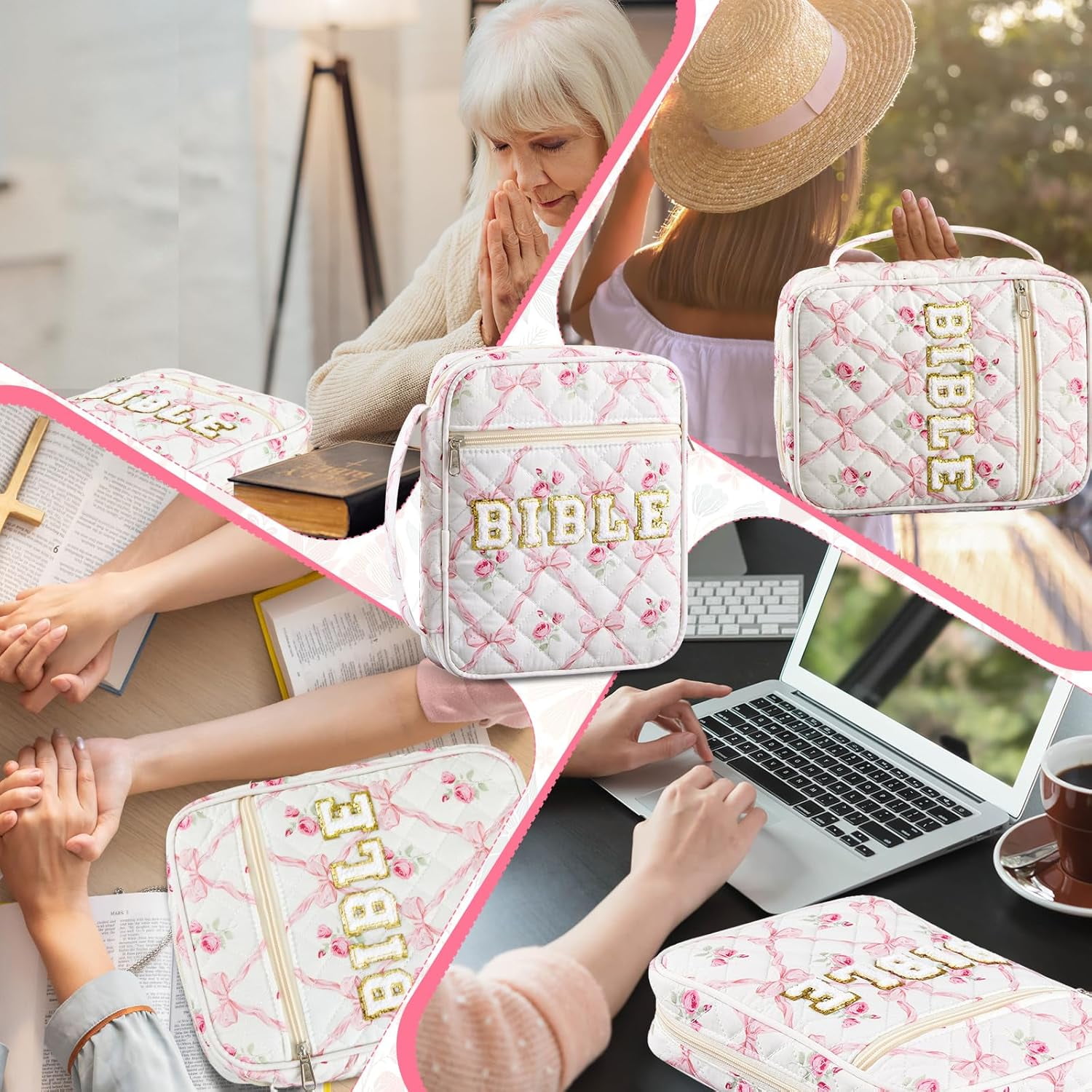 Quilted Bible Cover Case for Women Large Carrying Bag Book Tote Bags Bible Bag with Handle Bible Study Supplies Christian Gifts  for Church Religious with Organizer Tabs 6 Colored Pens 6 Highlighters