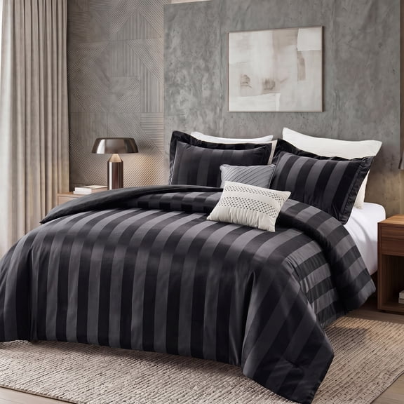 Regency Heights Crushed Velvet Striped Comforter Set, 5-Piece Luxury Cozy Bedding Sets with Decor Pillows, Queen Size Comforter Bed Set for All Seasons, Black
