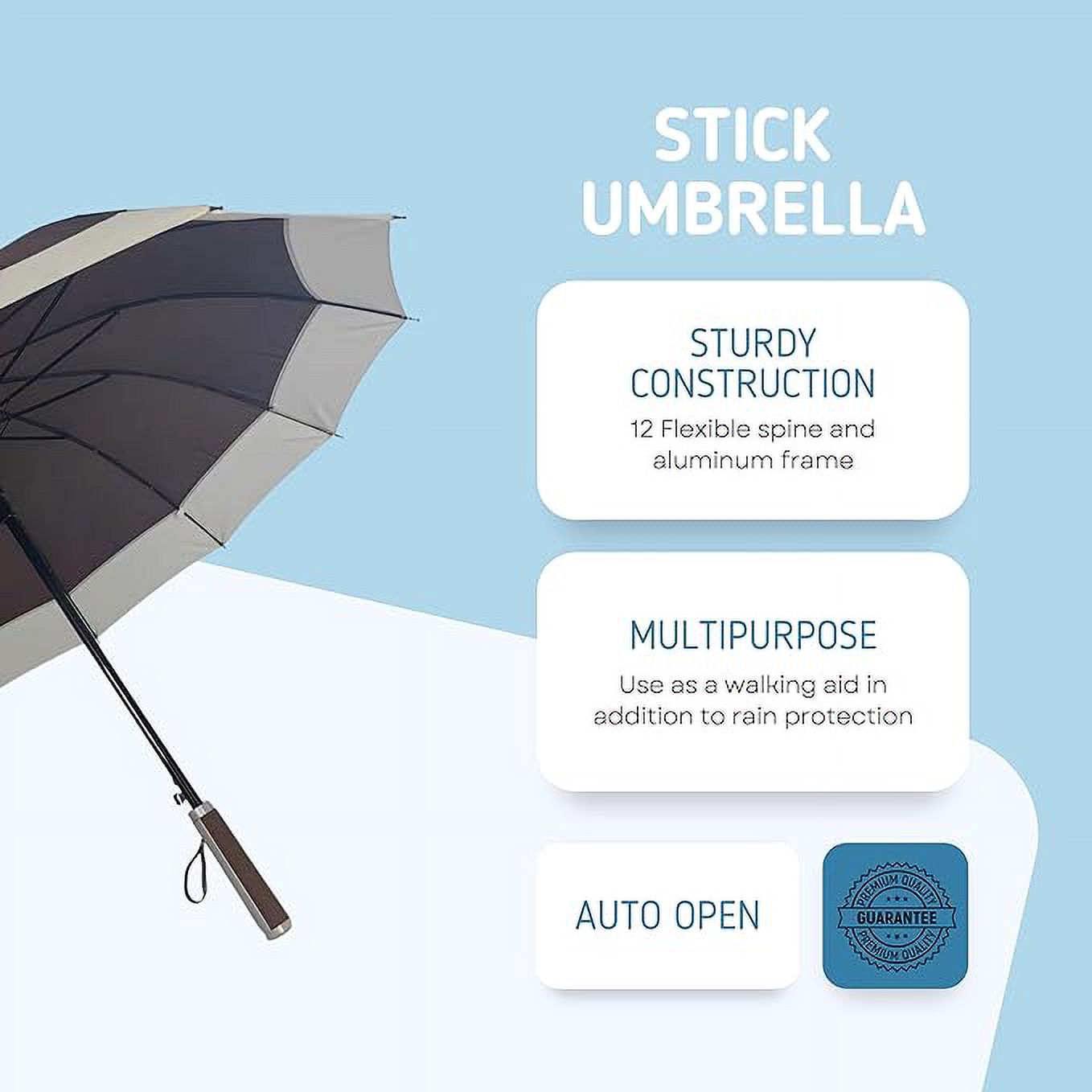 Cheery Stick Umbrella for Rain - Classic Cane Outdoor Umbrella - Automatic, Sun, and Windproof Camping Equipment - 14-Spine Heavy-Duty Walking, Hiking Gear (Brown)