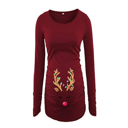- Women's Print Christmas Side Ruched Long Sleeve Maternity Top Pregnancy Clothes