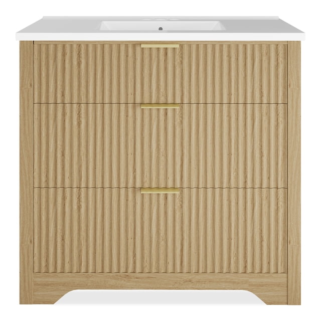 Modern Fluted Bathroom Vanity with Ceramic Basin, Freestanding Farmhouse Cabinet with 2 Drawers and Tip Out Storage, Easy Assembly for Powder Room, 24 30 36 Inch, Walnut White Wood Color