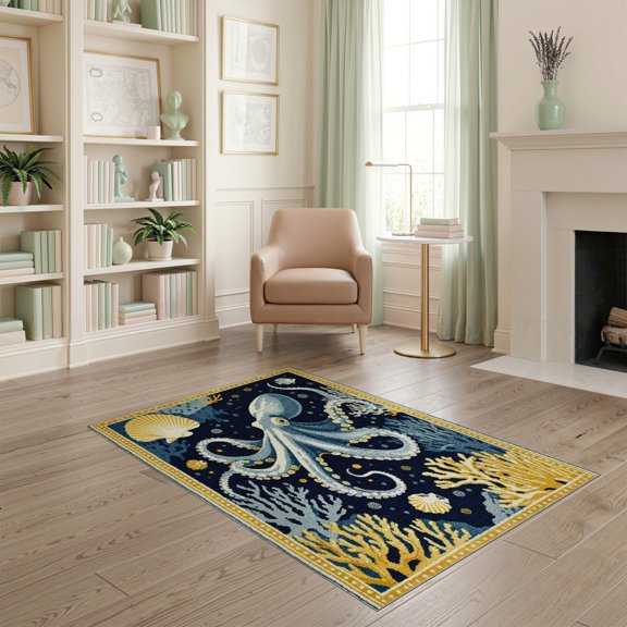 ODIKA Circle Nautical Octopus Vintage Creature Coral Motif Dotted Border Pet Friendly & Kids Safe Play for Playroom, Bedroom, Reading Nook