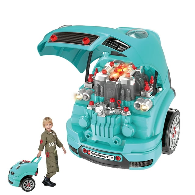 Qaba Ensemble de Jeu de Mécanicien pour Enfants, Camion, Moteur, Trousse de Réparation Automobile, Turquoise