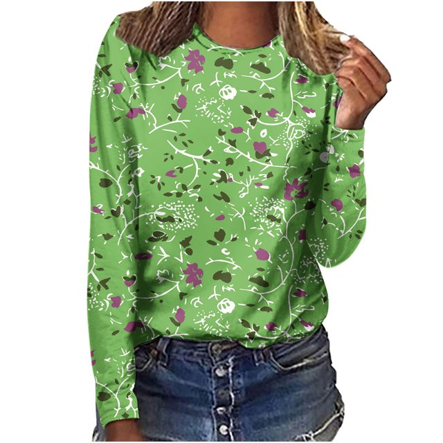 HKEJIAOI T-Shirts à Manches Longues en Polyester pour Femmes Imprimé Graphique Col Rond Blouses Habillées Décontractées Manches Longues