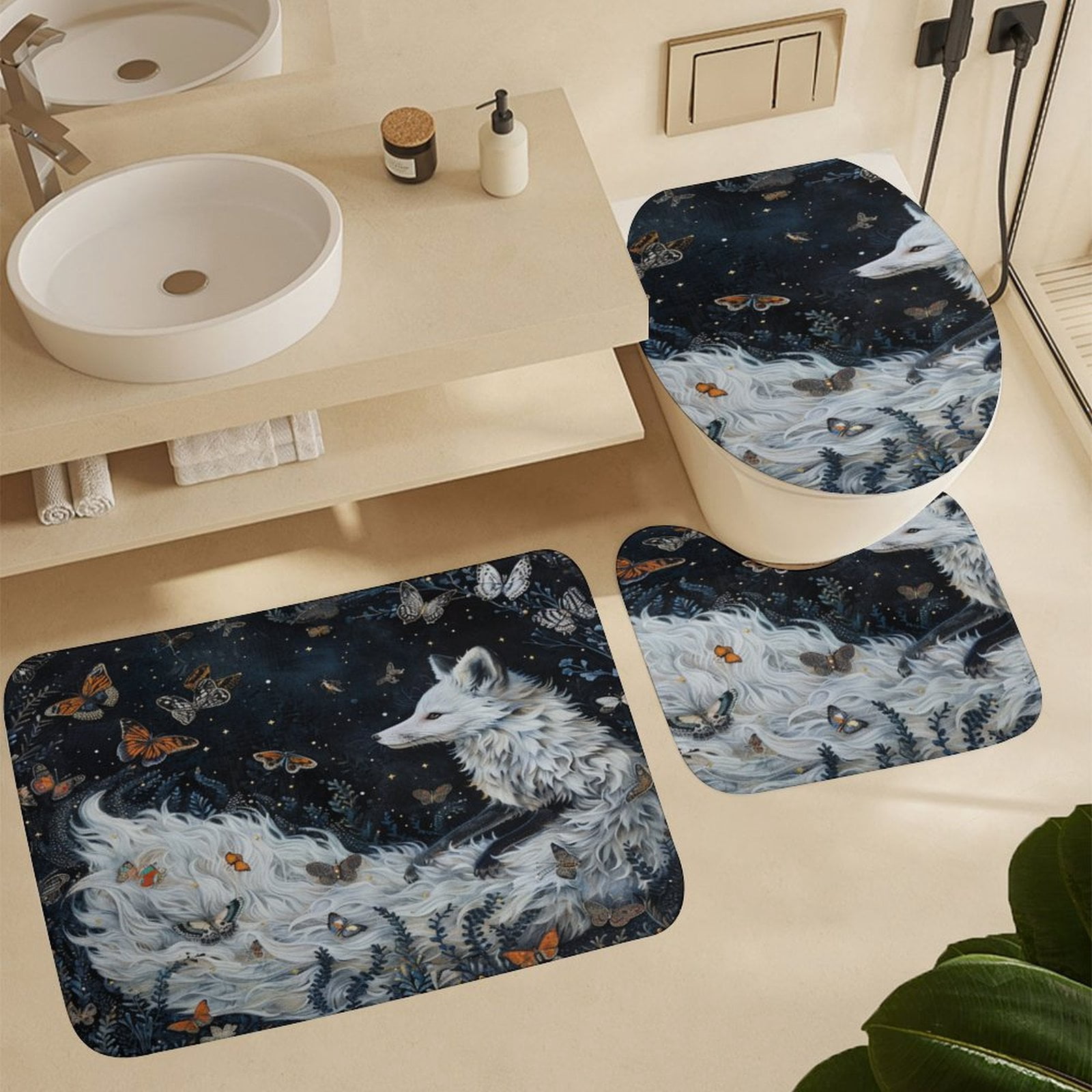 Nine Tailed Fox Chasing Butterfly 4 Pcs Shower Curtain Set with Rug Bathroom Sets with Waterproof Fabric And Non-Slip Rugs Toilet Lid Cover Bath Mat Decor with Hooks