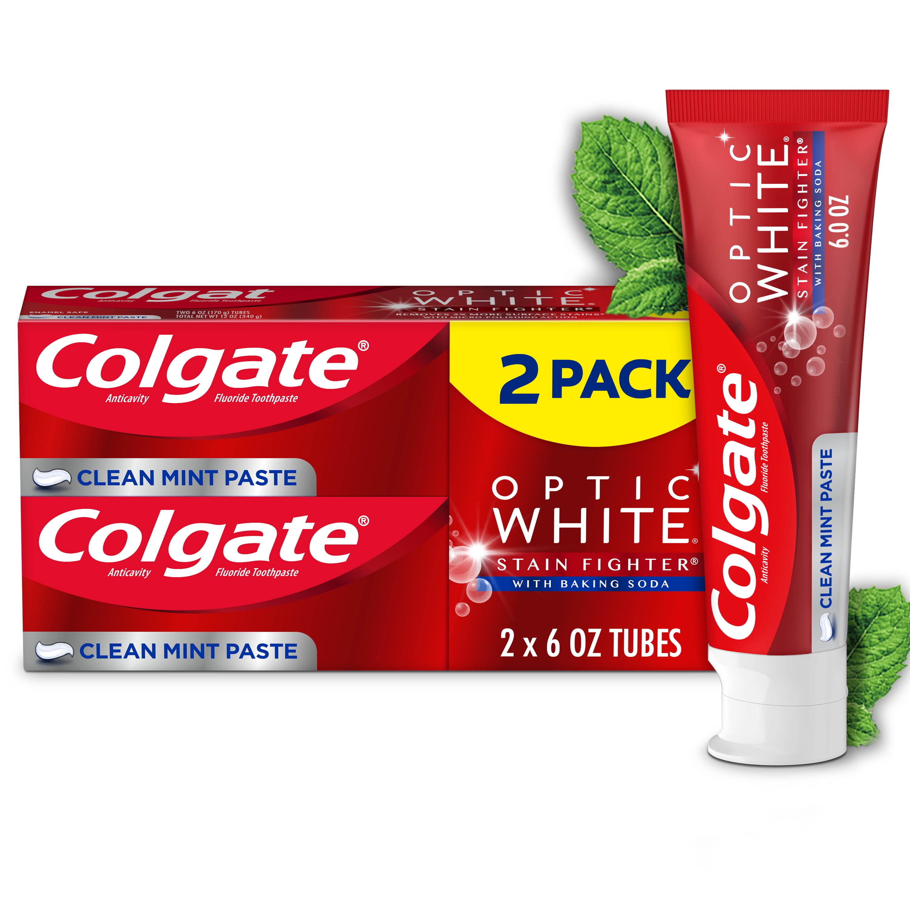 Colgate Optic White Stain Fighter Teeth Whitening Toothpaste Pack, Clean Mint, 6 oz, 2 Pack