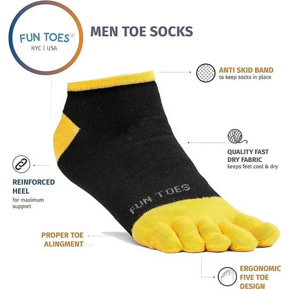 FUN TOES Men Toe Socks Barefoot Running Socks Size 6-12 Value Pack of 5 Pairs