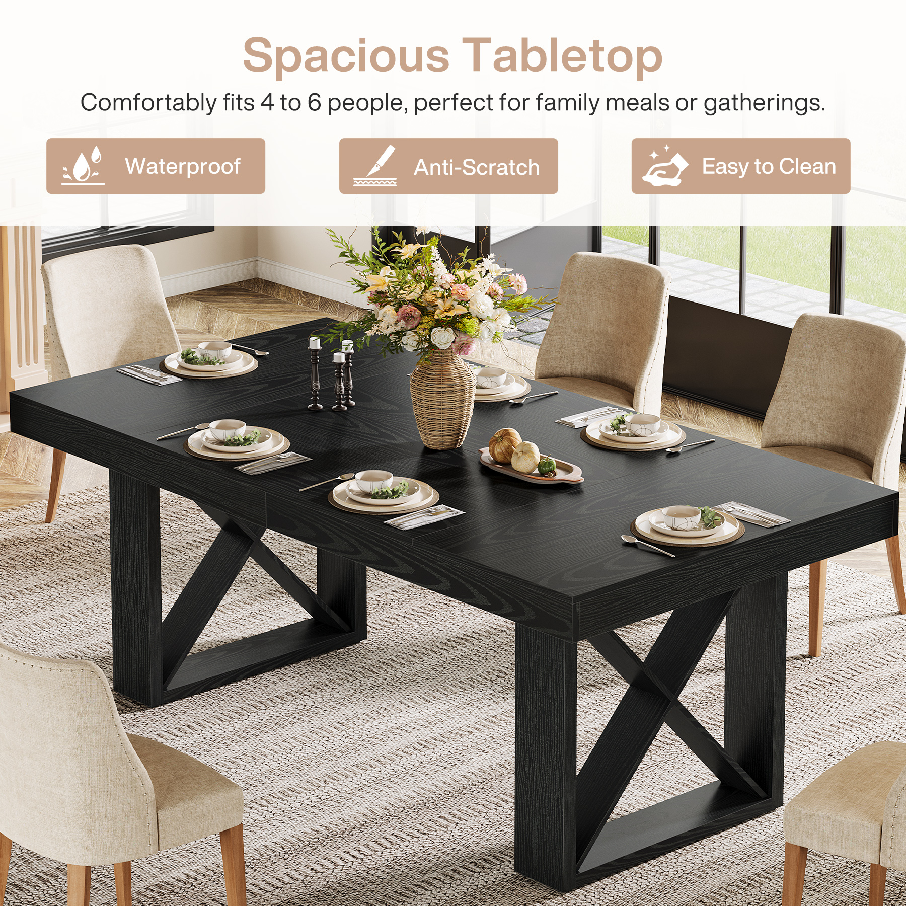 Tribesigns 63-Inch Dining Table for 4-6 People, Farmhouse Thick Appearance Design, Rectangle Kitchen Dinner Table for Dining Room, Living Room, Black