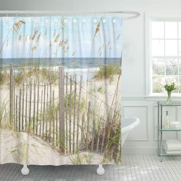 SUTTOM Sand Beach Faux Fence Dunes Grass Seascape Tropical Ocean Shower