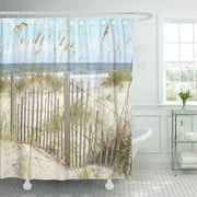 SUTTOM Sand Beach Faux Fence Dunes Grass Seascape Tropical Ocean Shower Curtain 66x72 inch