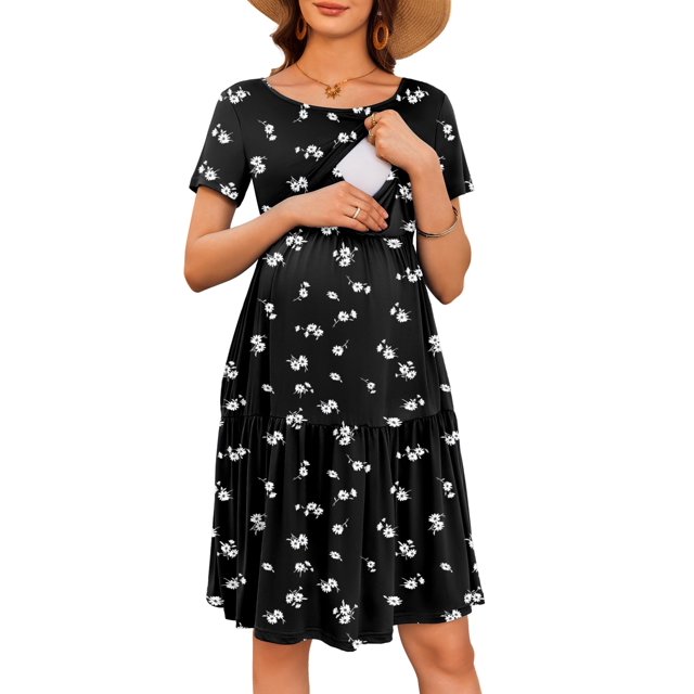 Vestido de maternidad y lactancia Ekouaer de verano de manga corta negro XXL