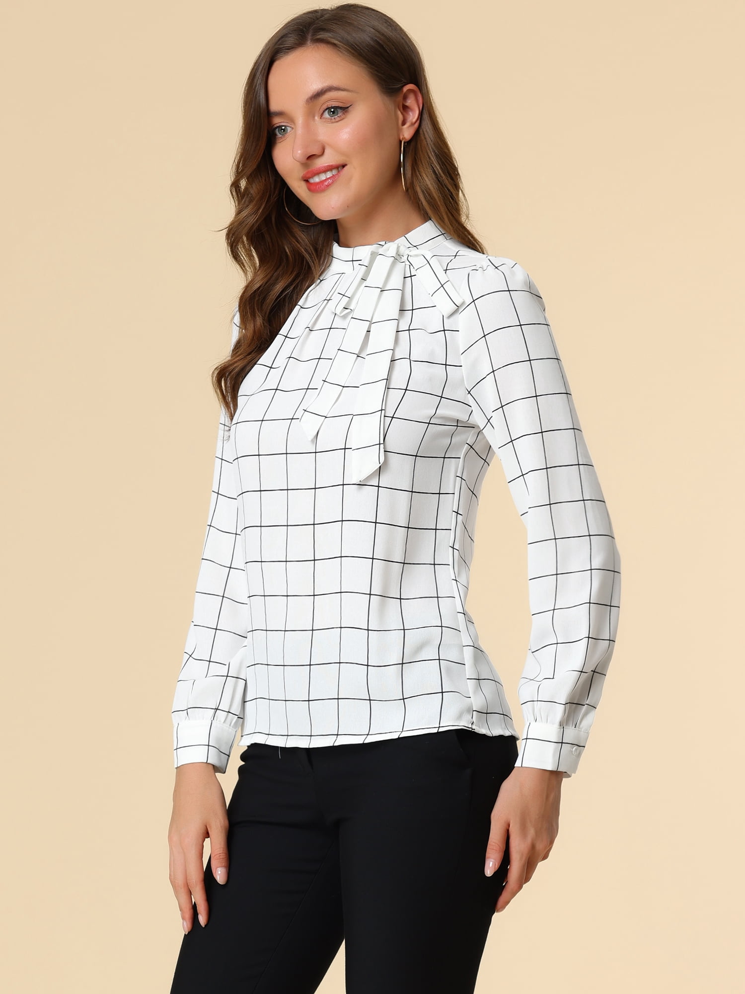 DARING DIVA Bow-Tie Neck Office Work Checks Shirt Top XS White