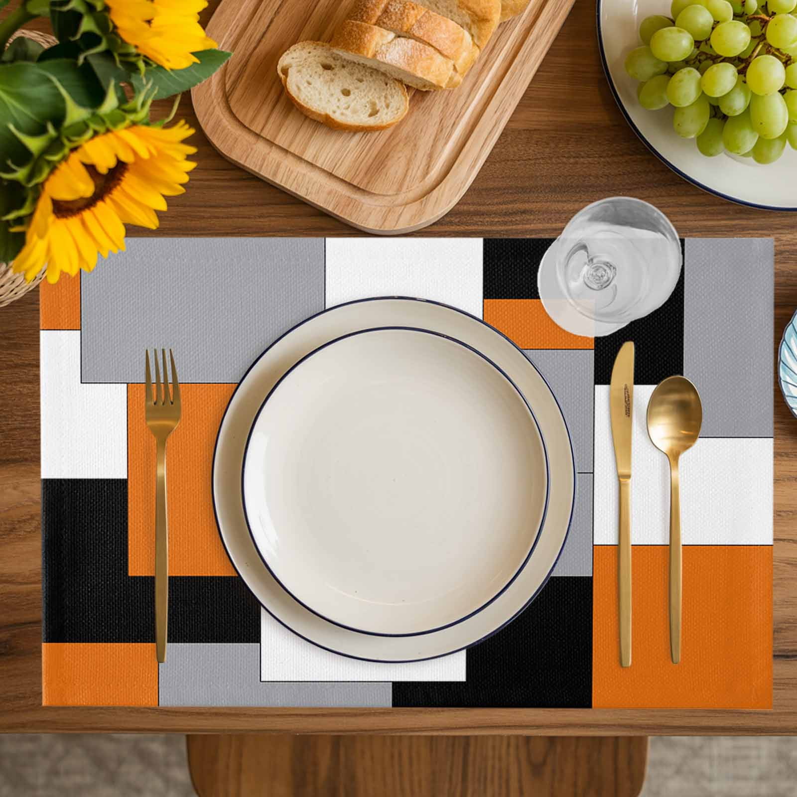 Orange Black Grey Placemats Set of 4, Middle Century Irregular Geo Abstract Art Placemats for Dining Table, Place Mats for Kitchen Tabletop, Waterproof Wipeable Dining Table Mats Set