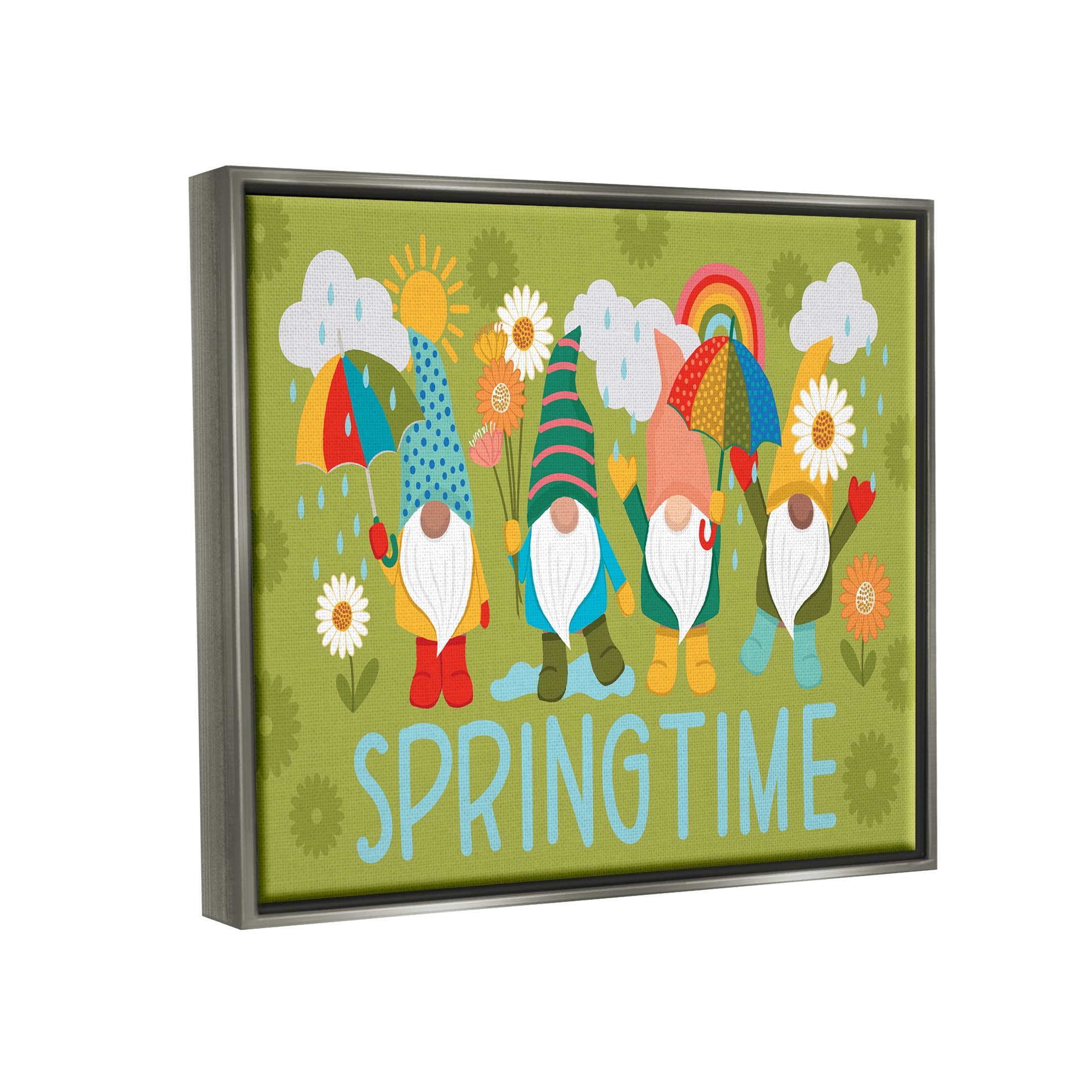 Springtime Rainy Garden Gnomes Holiday Graphic Art Luster Gray Framed Art Print Wall Art