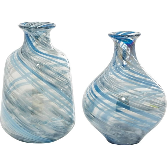 10" Handmade Decorative Glass Vases, Set of 2, Blue